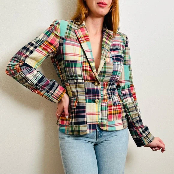 Vintage Ralph Lauren Patchwork Madras Blazer Jacket Plaid Preppy - Picture 1 of 13
